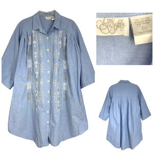 Go Softly Denim Patio Dress Plus Sz 1X Embroidered Beaded Button Front Pockets